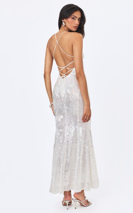 Cameron White Sequin Scoop Neck Mermaid Maxi Dress