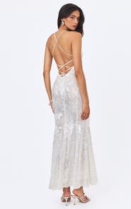 Miss Circle Cameron White Sequin Scoop Neck Mermaid Maxi Dress