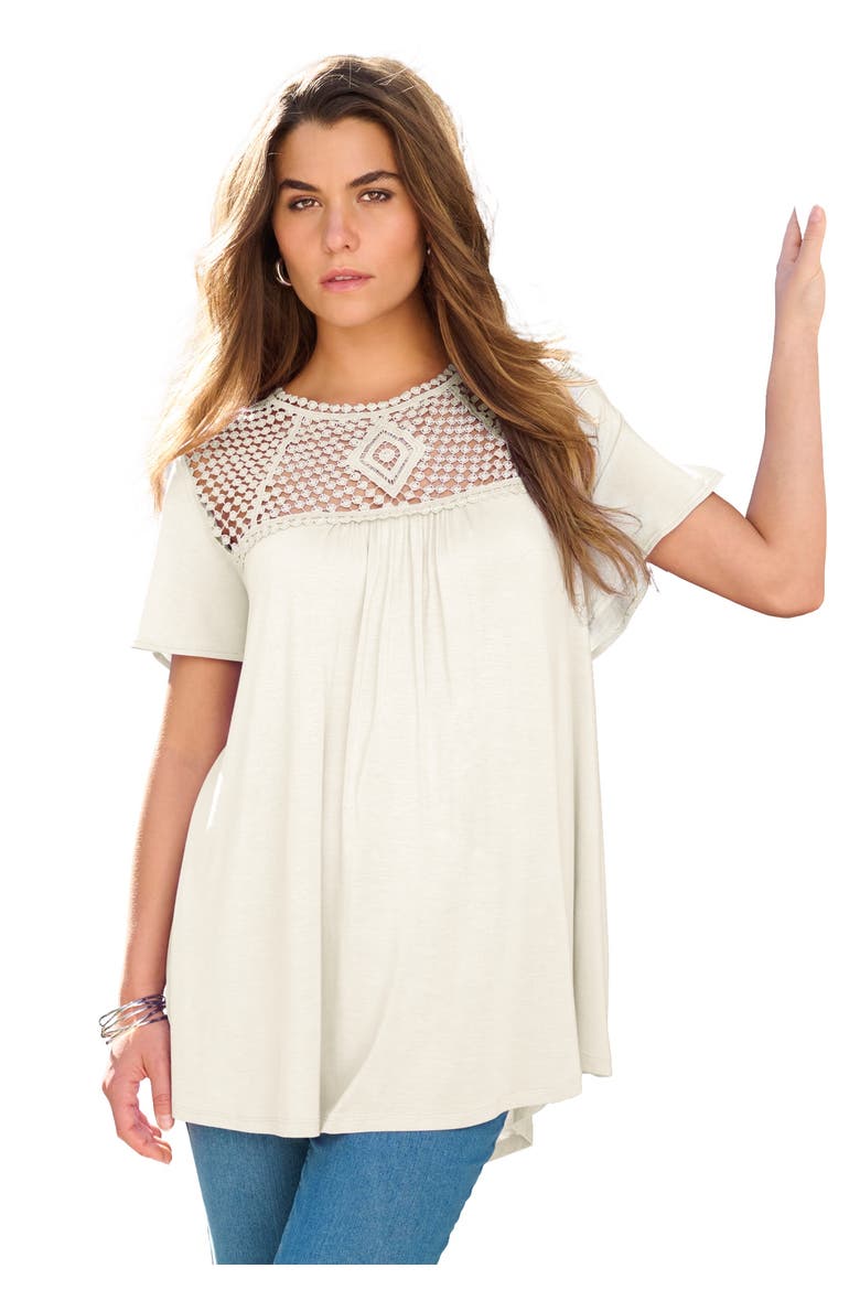 Plus Size Lace Yoke Pleated Tunic, Main, color, IVORY