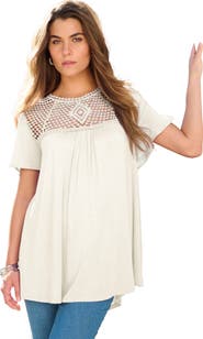 Roaman's Plus Size Lace Yoke Pleated Tunic