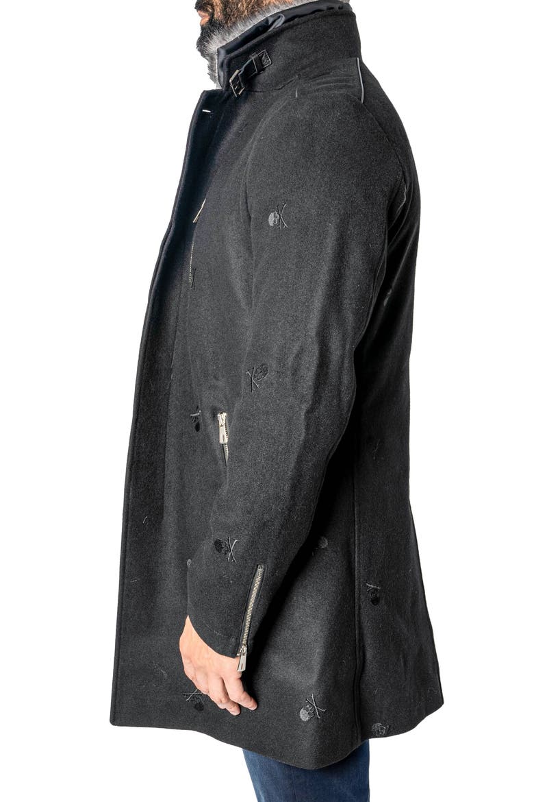 Captainskull Embroidered Wool Blend Peacoat, Alternate, color, BLACK
