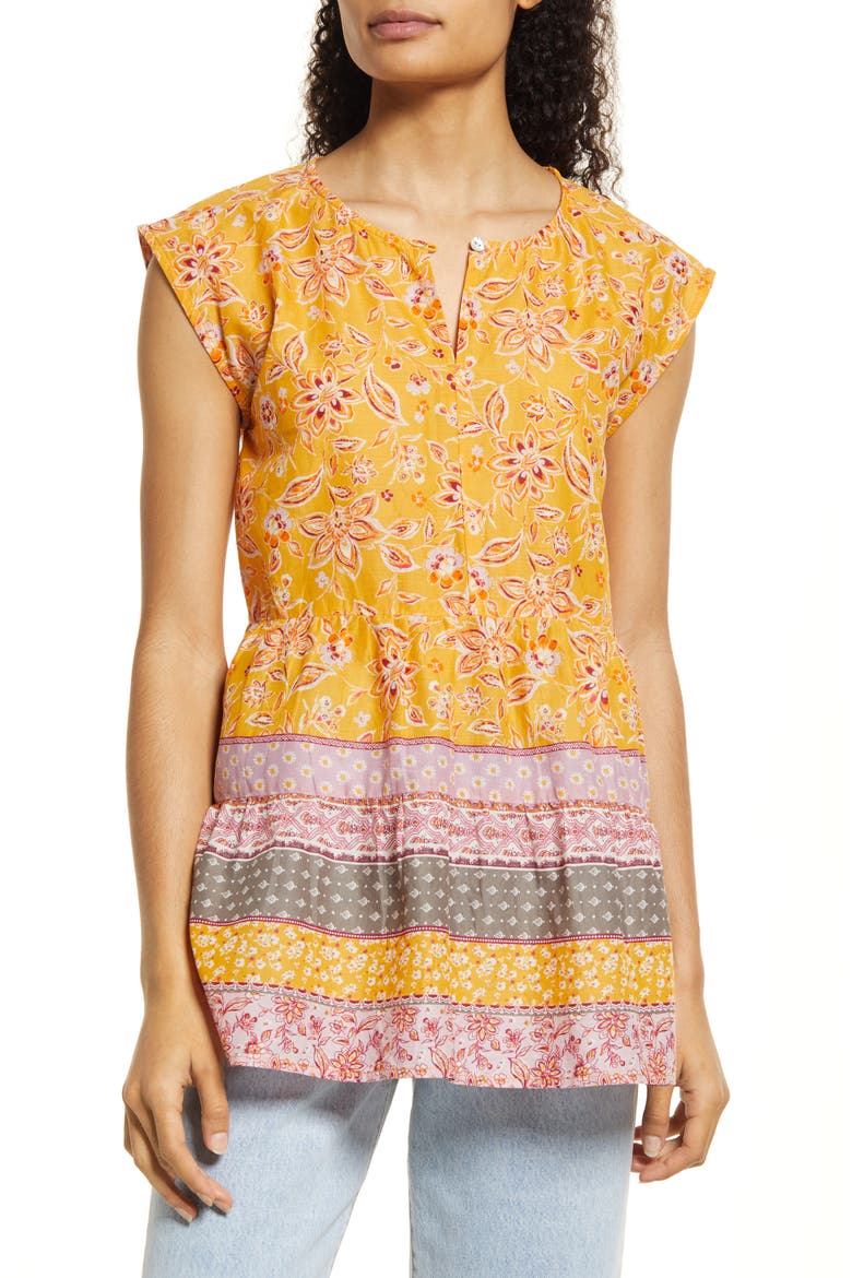 Jessa Border Print Cotton Top, Main, color, PAPAYA LILIES