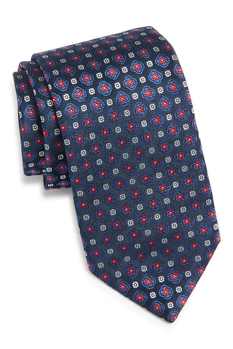 Medallion Silk Tie, Main, color, NAVY