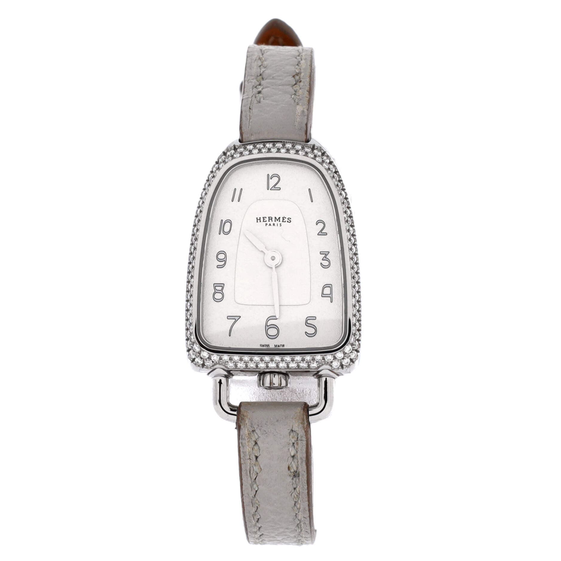 Galop d'Hermes Quartz Watch Stainless Steel and Leather with Diamond Bezel 21, Main, color, Grey
