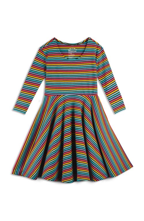 Mightly Organic Cotton 3/4 Sleeve Print Twirl Dress In Jewel Stripe