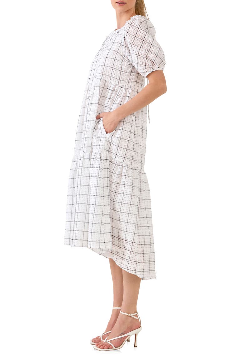 Plaid Tiered Ruffle Cotton Blend Dress, Alternate, color, WHITE