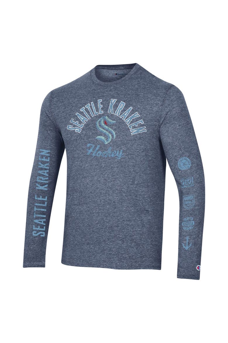 Men's Champion Heather Navy Seattle Kraken Multi-Logo Tri-Blend Long Sleeve T-Shirt, Alternate, color, Heather Navy