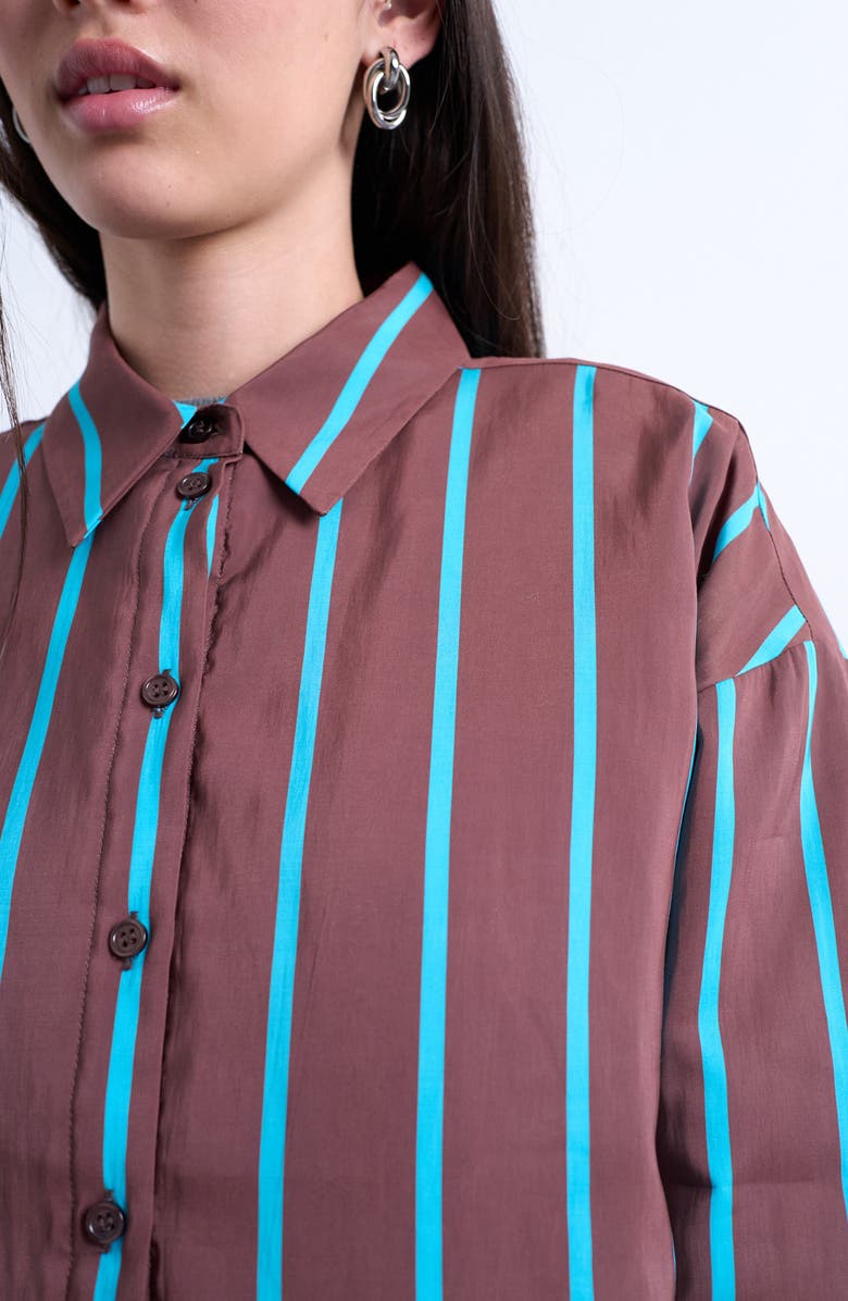 Topshop Oversize Stripe Quilted Button-Up Shirt, Alternate, color, Brown Multi