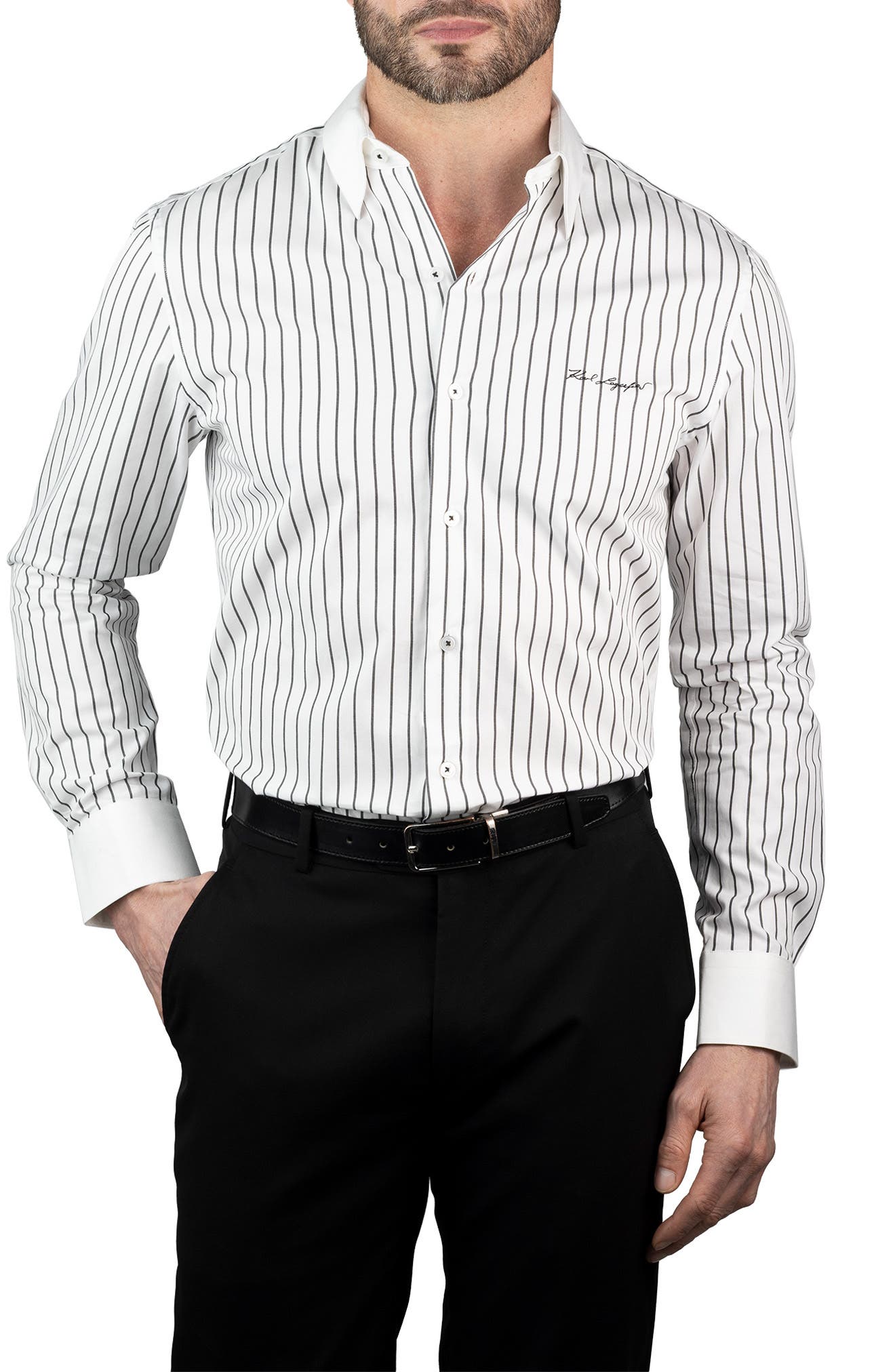 KARL LAGERFELD Trim Fit Stripe Cotton Dress Shirt