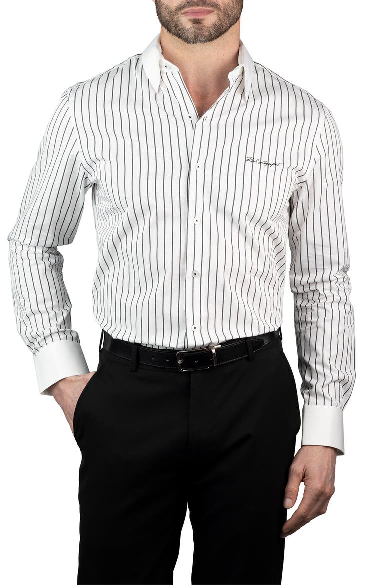 Trim Fit Stripe Cotton Dress Shirt, Main, color, BLACK WHITE