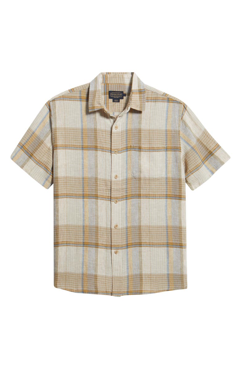 Pendleton Dawson Plaid Short Sleeve Linen Blend Button-Up Shirt, Main, color, Ecru/ Tan/ Blue Plaid