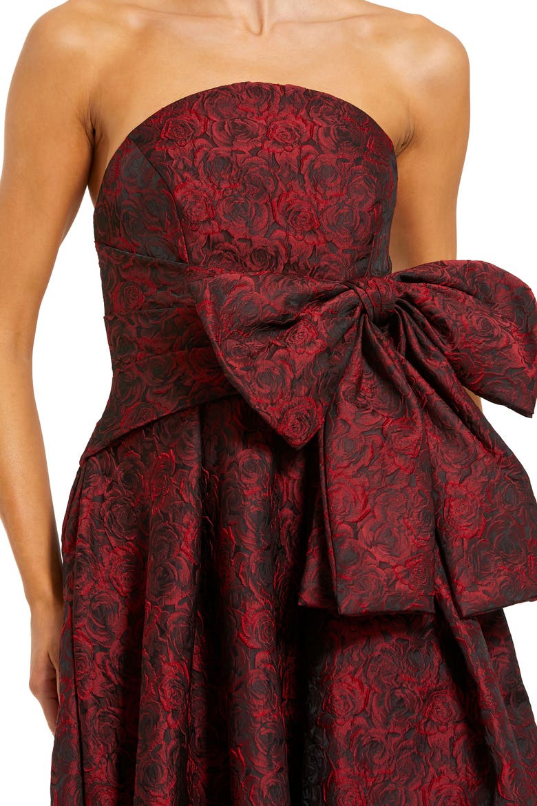Strapless Floral Brocade Evening Gown with Bow Detail, Alternate, color, Ruby