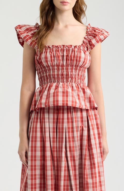 Janne Plaid Cotton Smocked Peplum Top