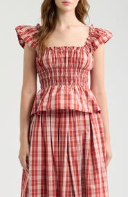 Faithfull the Brand Janne Plaid Cotton Smocked Peplum Top