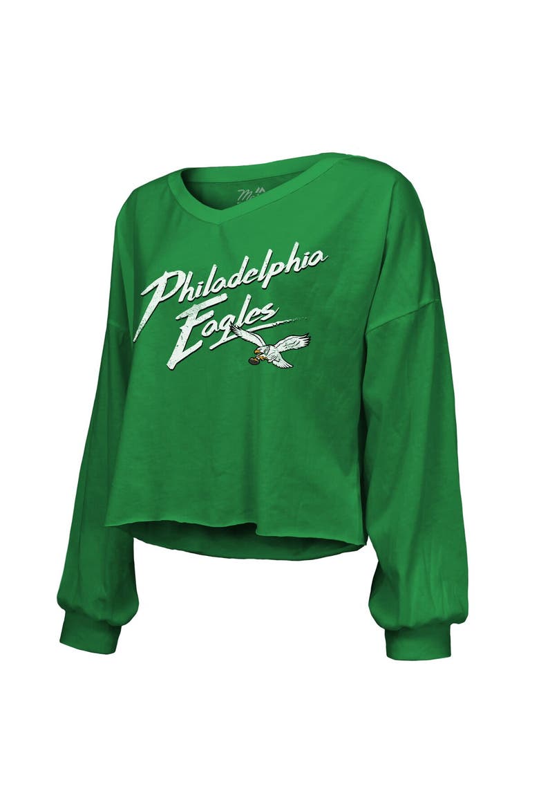 Women's Majestic Threads Saquon Barkley Kelly Green Philadelphia Eagles Name & Number Off-Shoulder Script Cropped Long Sleeve V-Neck T-Shirt, Alternate, color, Kelly Green