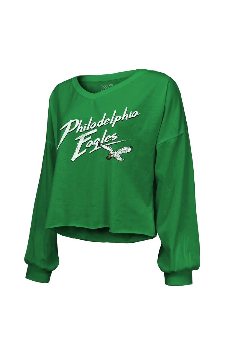 Majestic Threads Women's Majestic Threads Saquon Barkley Kelly Green Philadelphia Eagles Name & Number Off-Shoulder Script Cropped Long Sleeve V-Neck T-Shirt, Alternate, color, Kelly Green