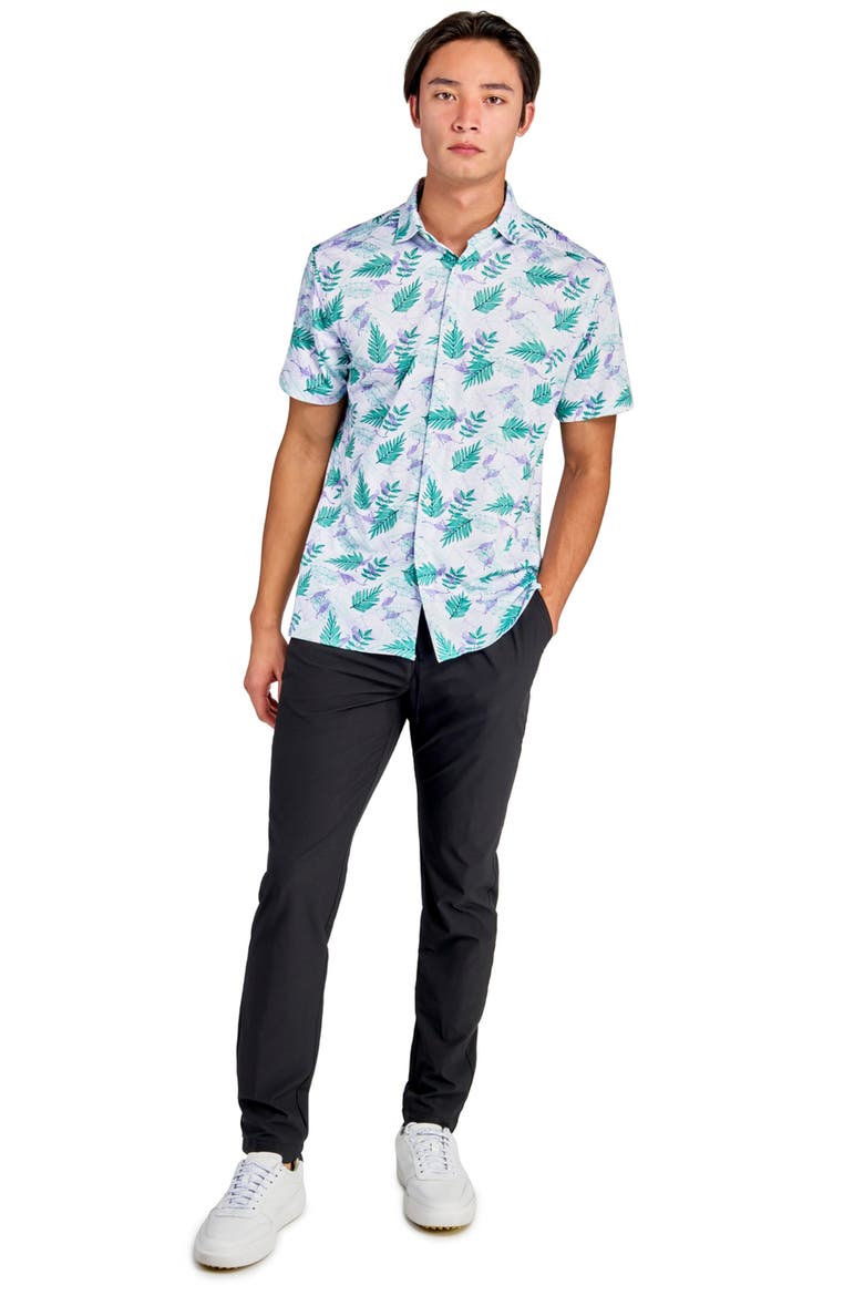 Regular Fit Cheetah Leaf Print Recycled Performance Golf Button-Down Shirt, Alternate, color, WHITE