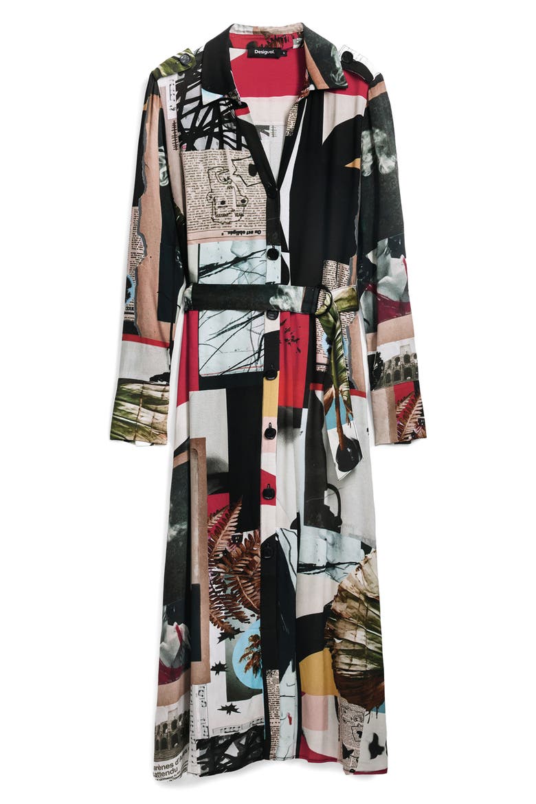 Belted Long Sleeve Crepe Maxi Shirtdress, Alternate, color, WHITE MULTI