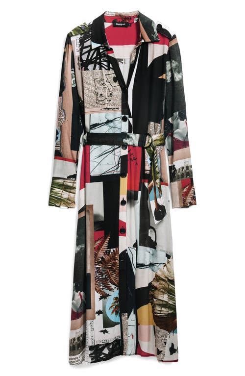 Desigual Belted Long Sleeve Crepe Maxi Shirtdress In Multi