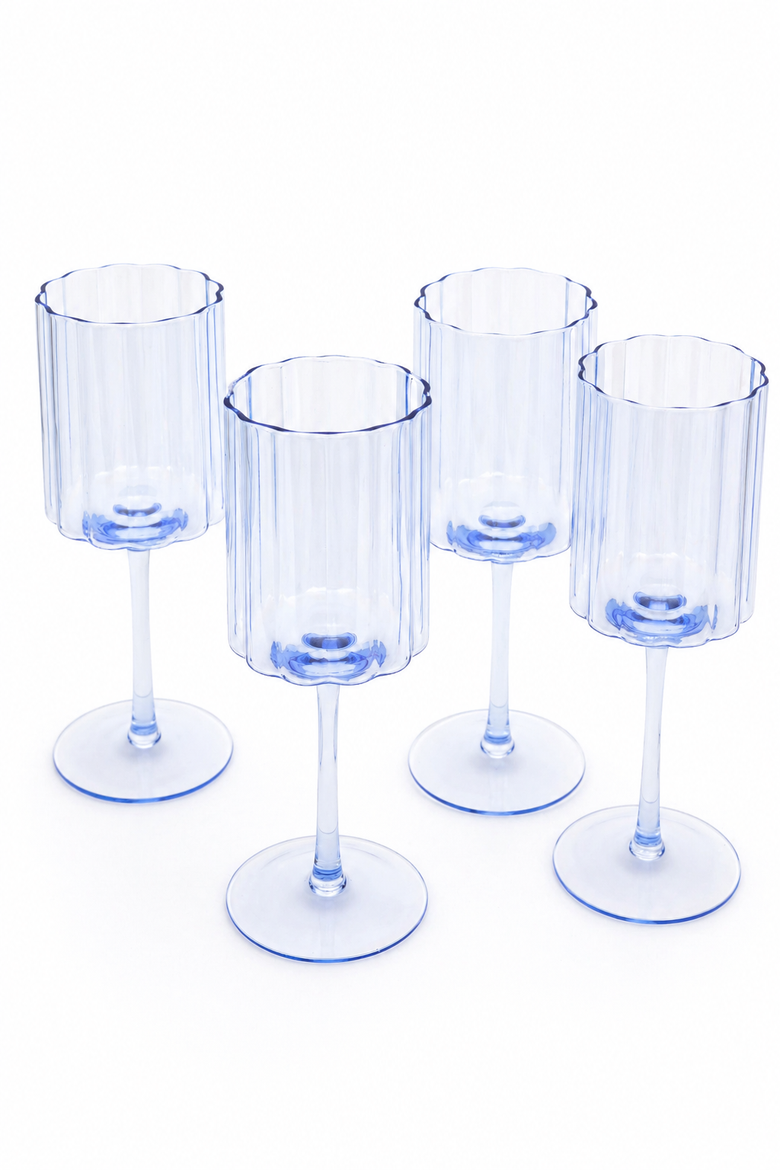Scalloped Rim Fluted Wine Glass, Set of 4, 12oz, Blue, Alternate, color, Light blue