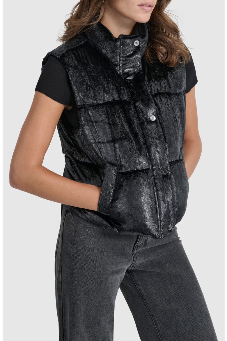 Metallic Velvet Puffer Vest, Alternate, color, BLACK