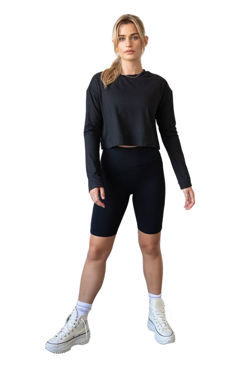 Rebody Active Go With The Flow Crop Long Sleeve Top, Main, color, Cozy Black