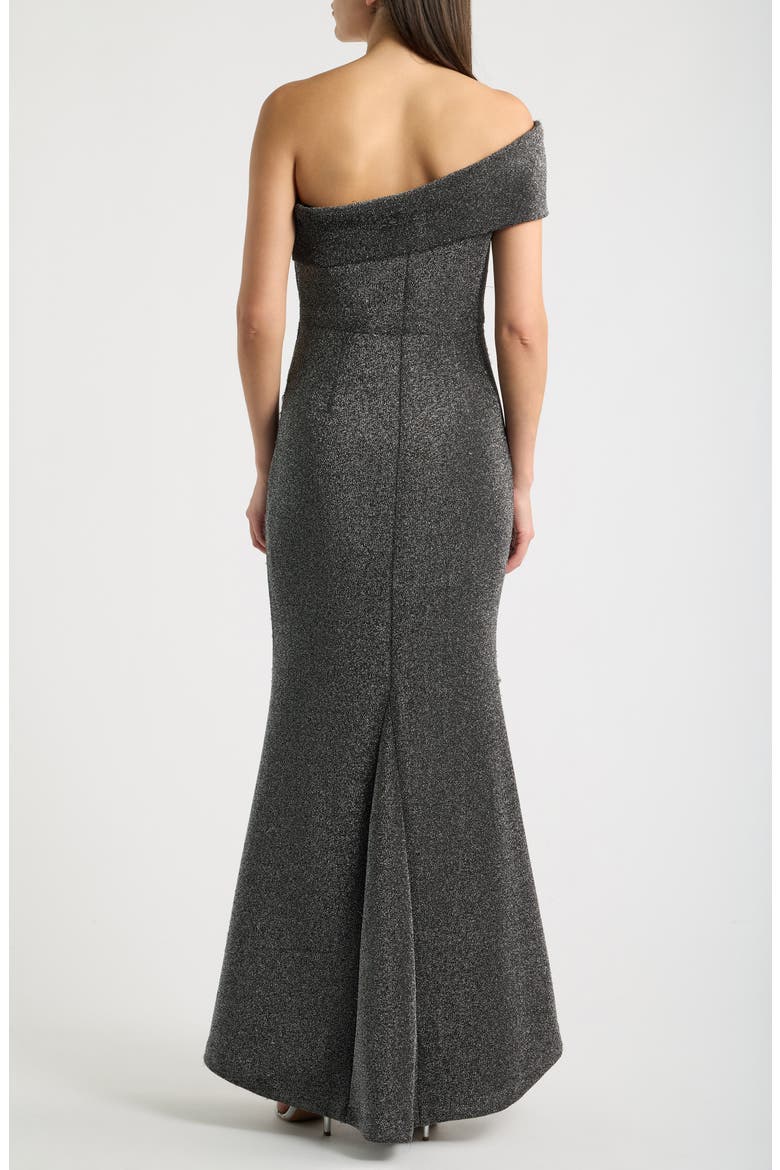 Metallic One-Shoulder Gown, Alternate, color, BLACK SILV