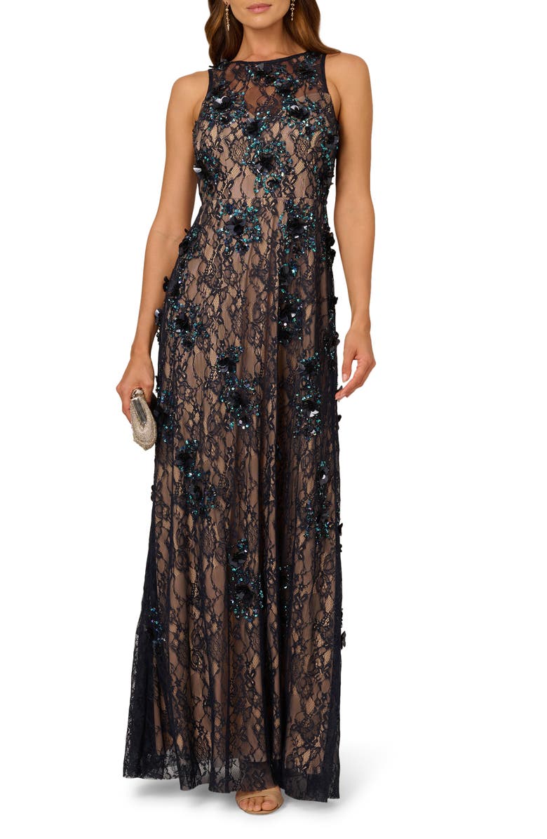 Adrianna Papell Sequin Lace Sleeveless Gown, Main, color, Midnight Multi/ Nude