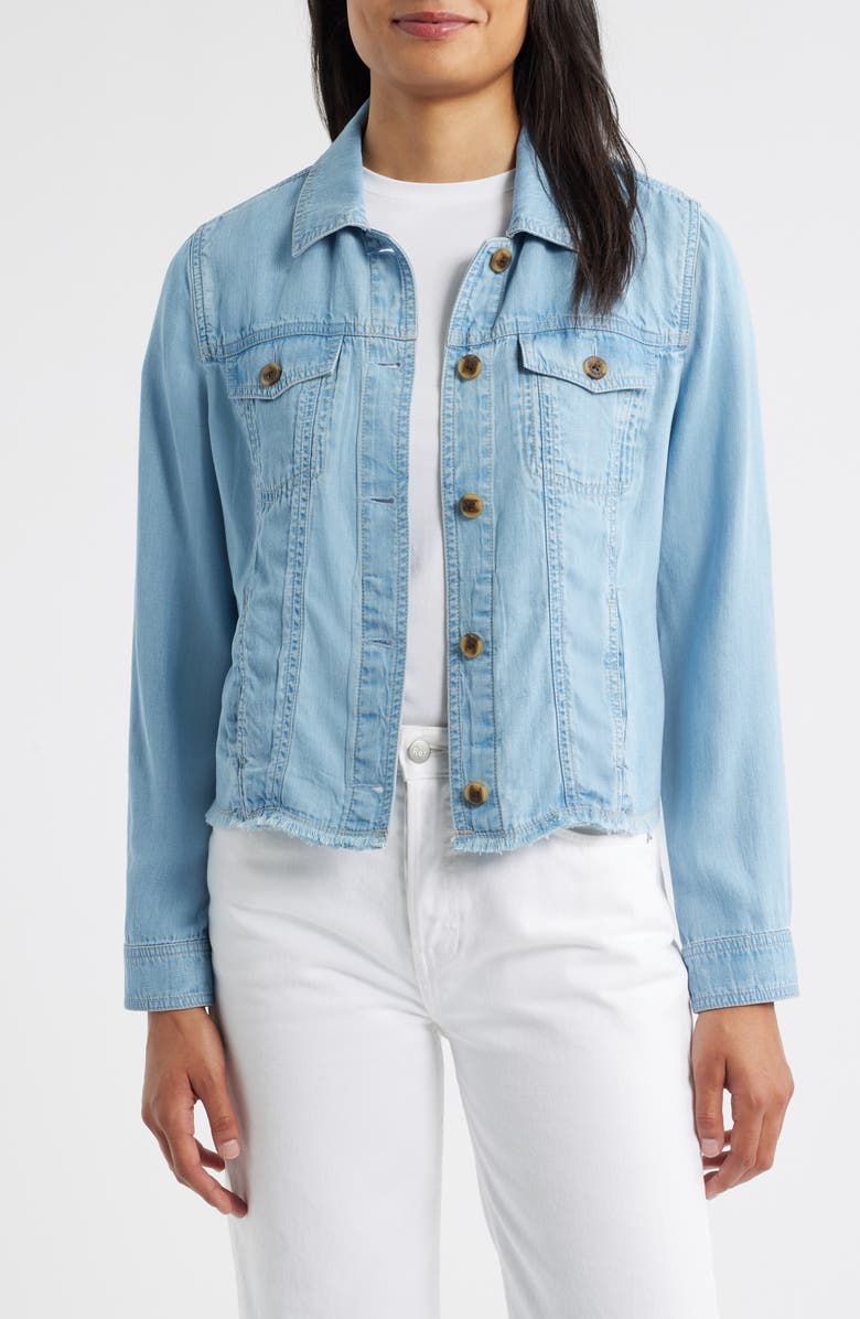 Tommy Bahama Fray Hem Chambray Crop Jacket, Main, color, Light Indigo Wash