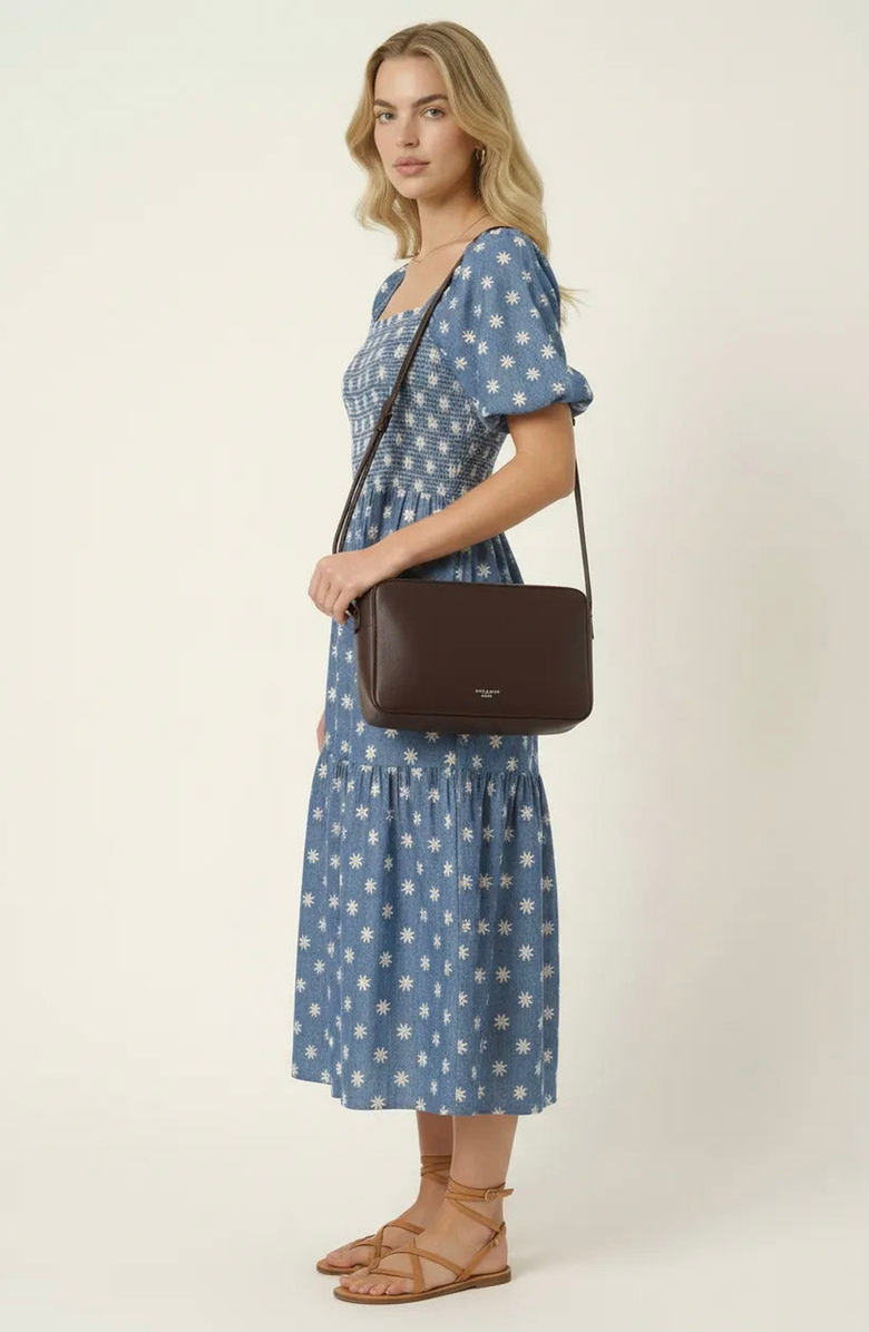 Modenaire Smocked Puff-Sleeve Midi Dress with Tiered Skirt and Pockets, Alternate, color, Blue / White Floral