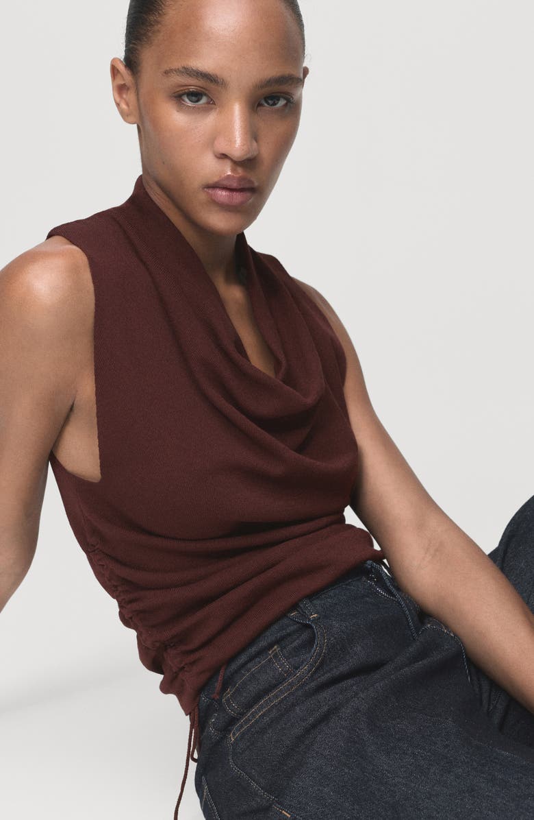 MANGO Ruched Cowl Neck Sleeveless Knit Top, Alternate, color, Brown