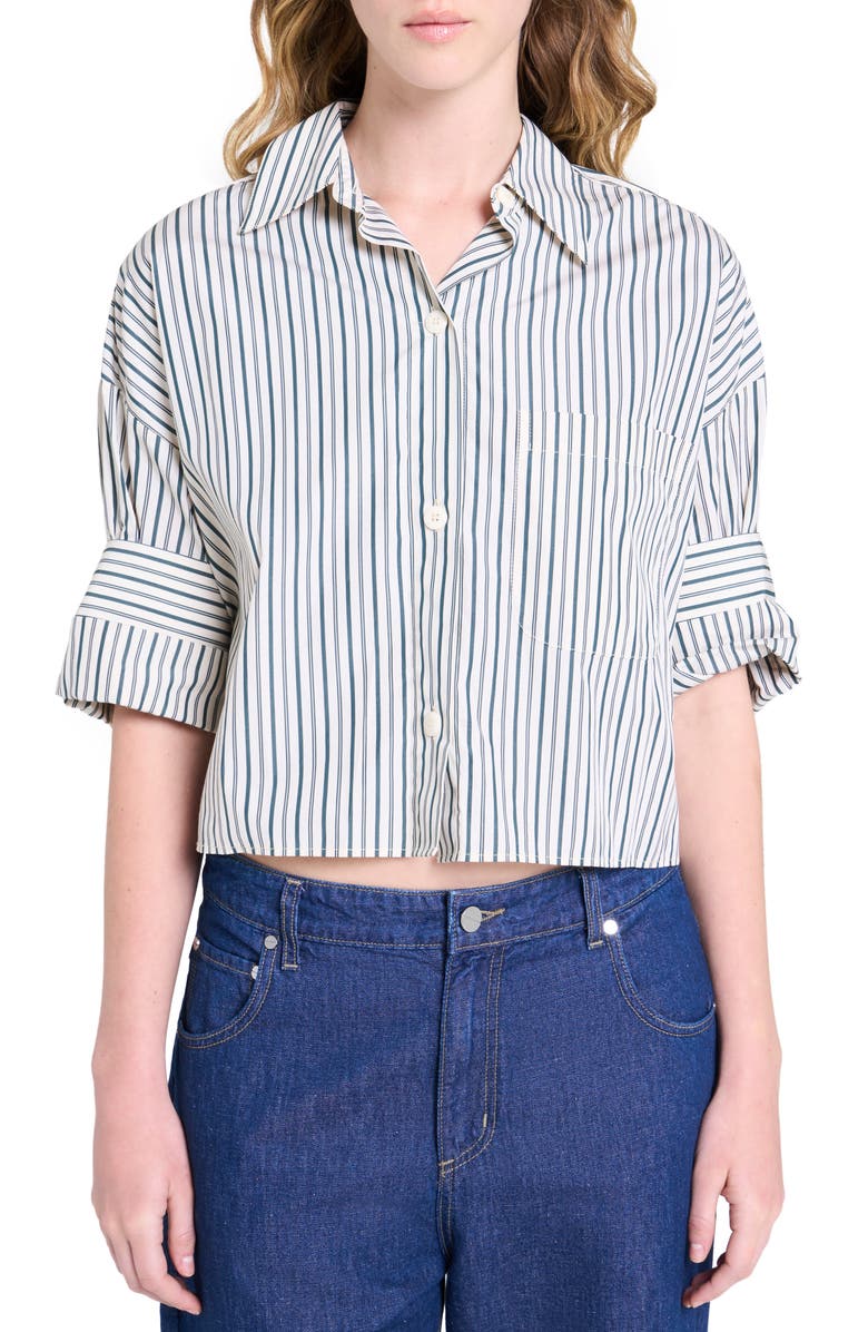 TWP Next Ex Stripe Crop Cotton Button-Up Shirt, Main, color, Ivory/ Cilantro