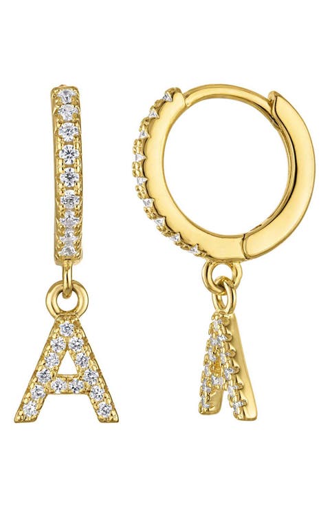 Cubic Zirconia Initial Charm Huggie Hoop Earrings