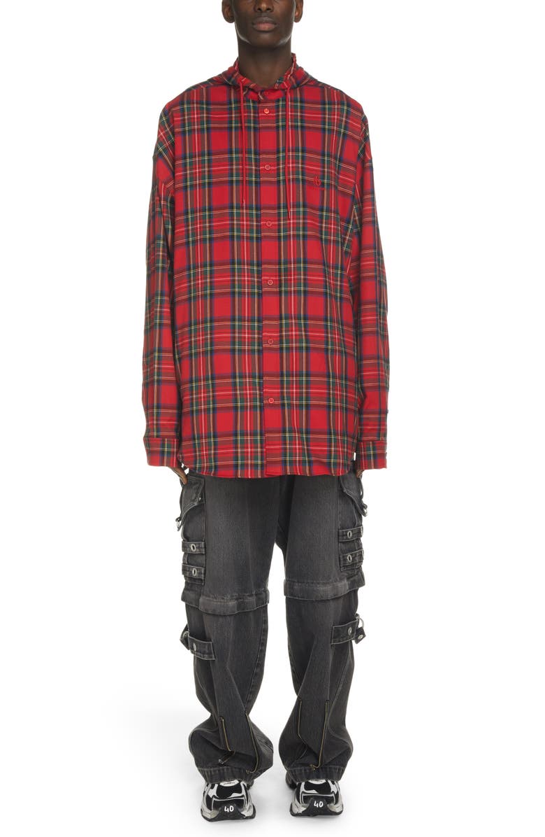 Balenciaga Plaid Hooded Flannel Button-Up Shirt, Alternate, color,