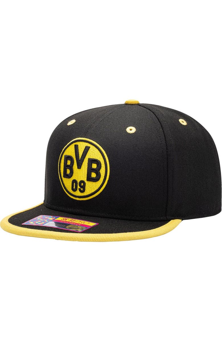 FAN INK Men's Black Borussia Dortmund Tape Snapback Hat, Main, color,