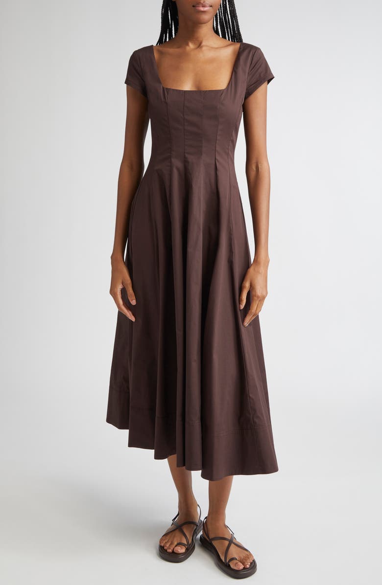 STAUD Wells Short Sleeve Stretch Cotton Midi Dress, Main, color, Earth
