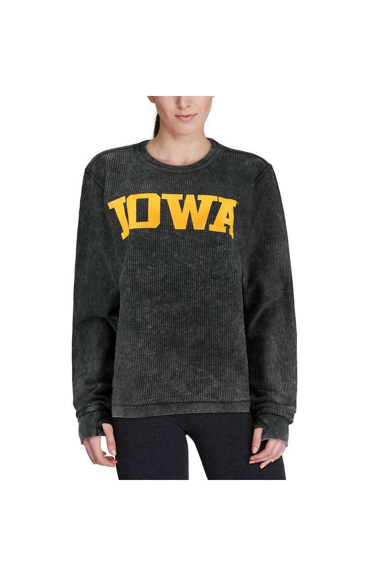 Women's Pressbox Black Iowa Hawkeyes Comfy Cord Vintage Wash Basic Arch Pullover Sweatshirt, Alternate, color, Black