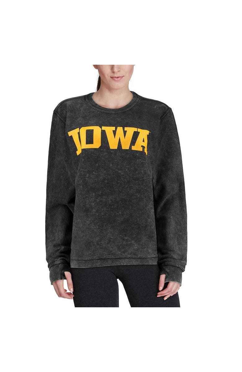 PRESSBOX Women's Pressbox Black Iowa Hawkeyes Comfy Cord Vintage Wash Basic Arch Pullover Sweatshirt, Alternate, color, Black