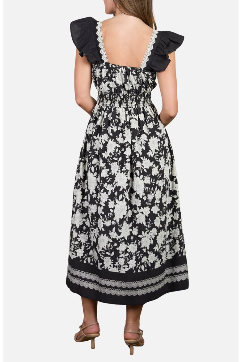 Floral Flutter Sleeve Midi Dress, Alternate, color, BLACK