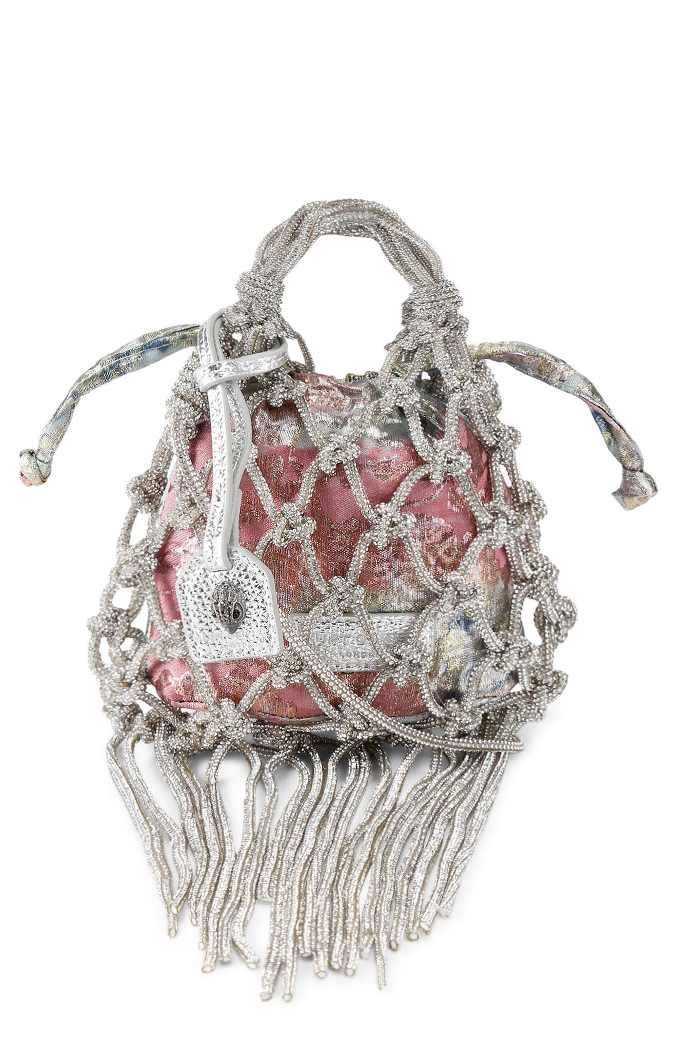 Kurt Geiger London Mini Macramé Crystal Drawstring Bag, Main, color, Open Grey