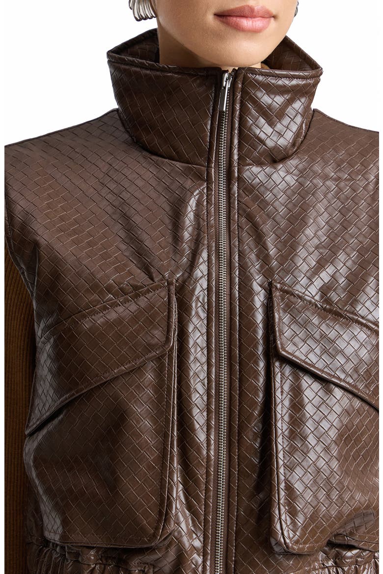 Basket Weave Faux Leather Cropped Puffer Vest, Alternate, color, JAVA