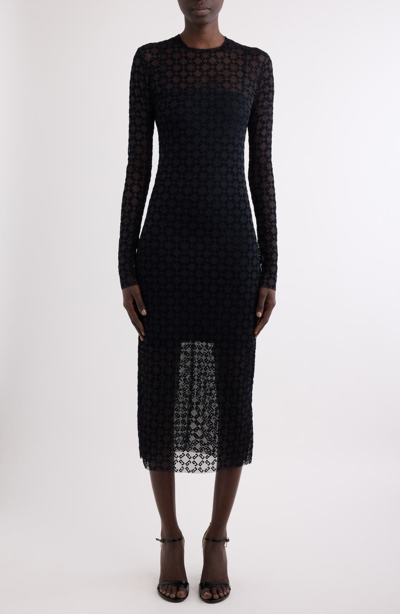 Givenchy Monogram 72 Glitter Flocked Long Sleeve Mesh Dress, Main, color, Black/ Silvery