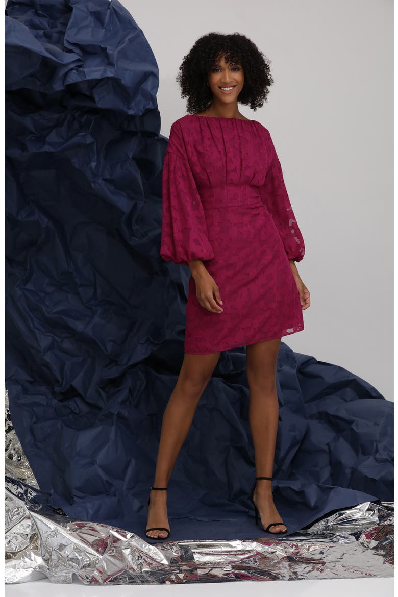 Balloon Sleeve Jacquard Sheath Dress, Alternate, color, FUCHSIA