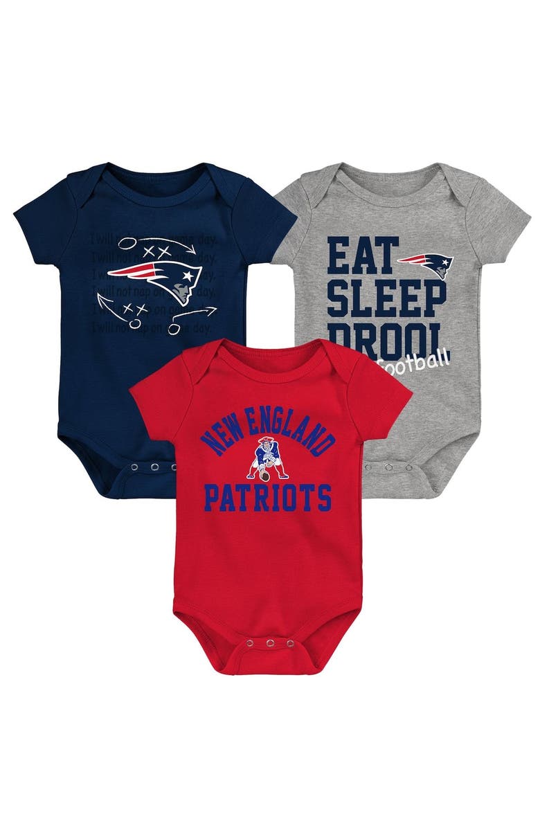 Outerstuff Newborn & Infant Navy/Red/Heather Gray New England Patriots Three-Pack Eat, Sleep & Drool Retro Bodysuit Set, Alternate, color, 