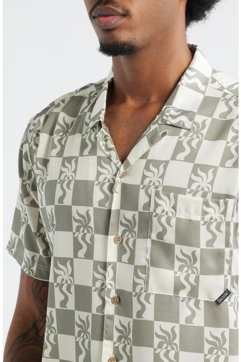 Print Short Sleeve Button-Up Camp Shirt, Alternate, color, OLIVE/ CREAM