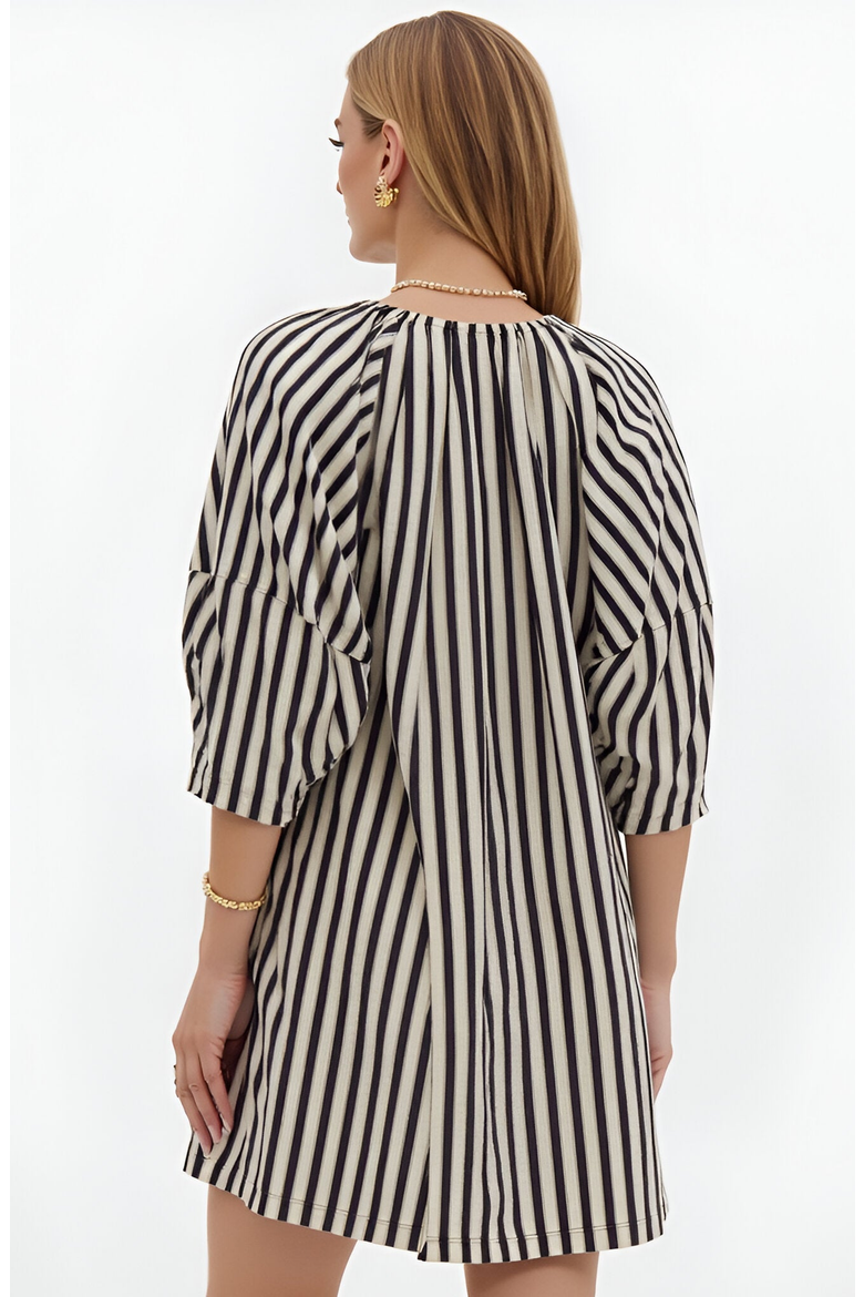 Striped Mini Dress with Tie Neckline, Pockets and 3/4 Sleeves, Alternate, color, Black / White Striped