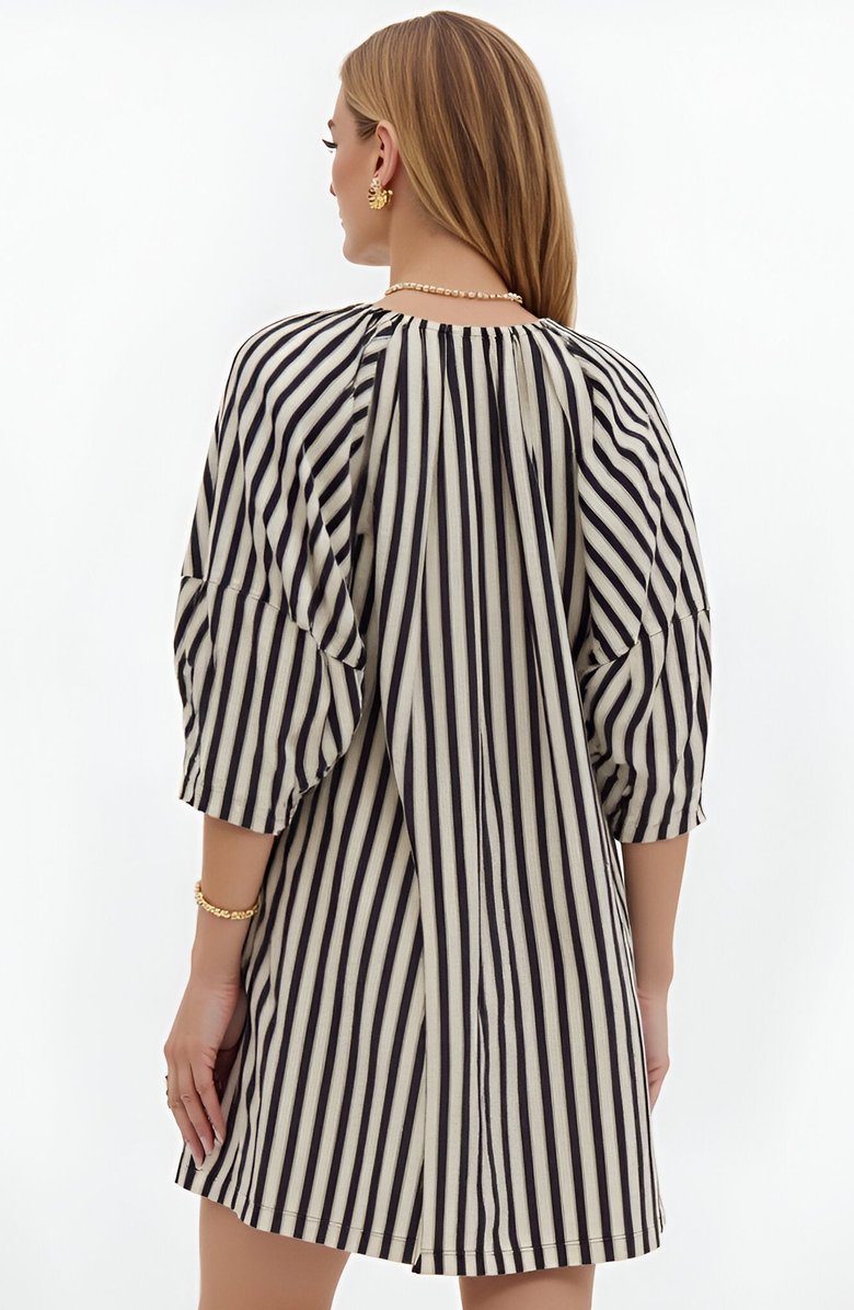 Modenaire Striped Mini Dress with Tie Neckline, Pockets and 3/4 Sleeves, Alternate, color, Black / White Striped
