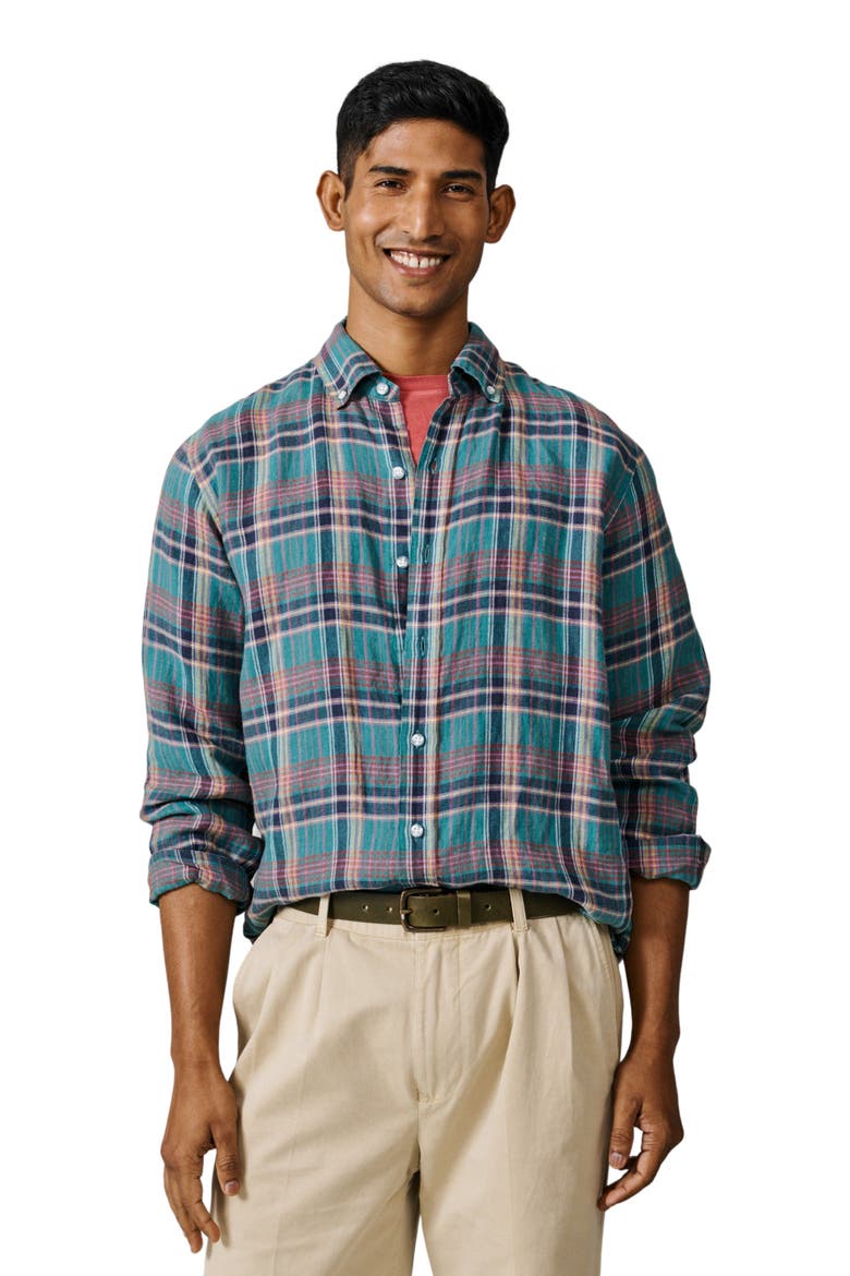 Croyland Madras Button-Down Linen Shirt, Main, color, Green Check