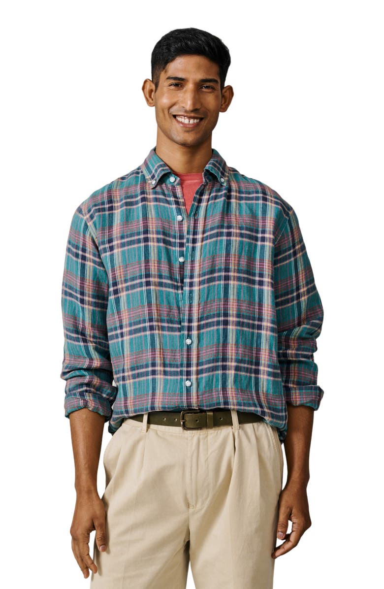 Aubin Croyland Madras Button-Down Linen Shirt, Main, color, Green Check