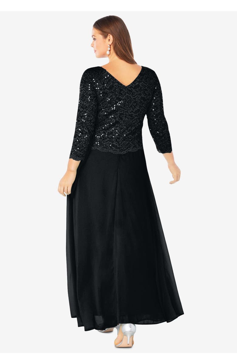 Roaman's Plus Size Sequin Lace Three Quarter Sleeve A-Line Gown, Alternate, color, Black